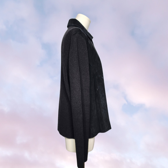 Y2k High Sierra Black Suede Leather Knitted Zip Up Collared Goth Jacket Sz XL - Picture 3 of 8